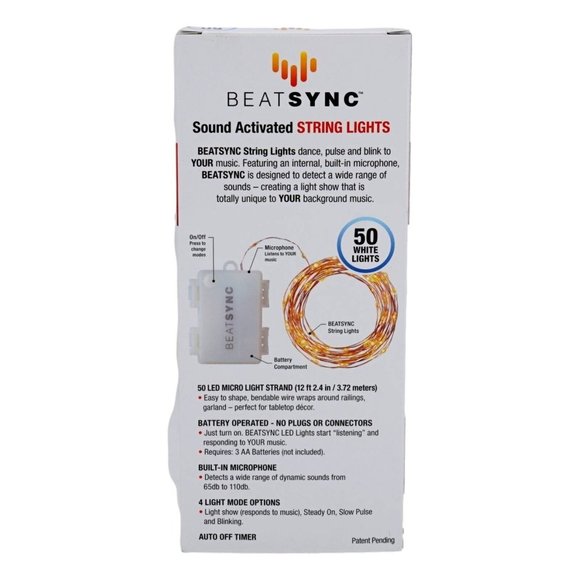 Beatsync Sound Activated String Lights 50 White Led 12 Ft Indoor Outdoor New - Picture 2 of 5